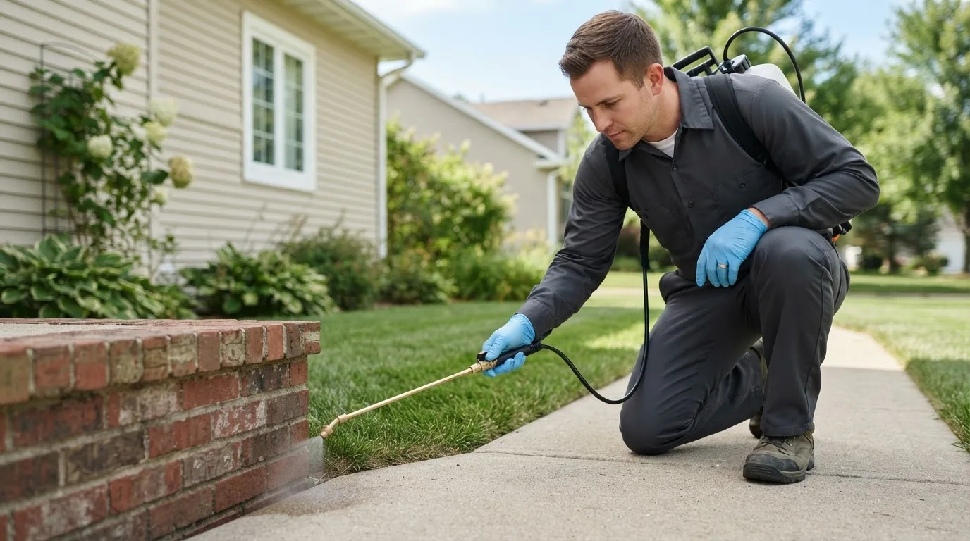 Pest control technician treating a home near Derwood, MD